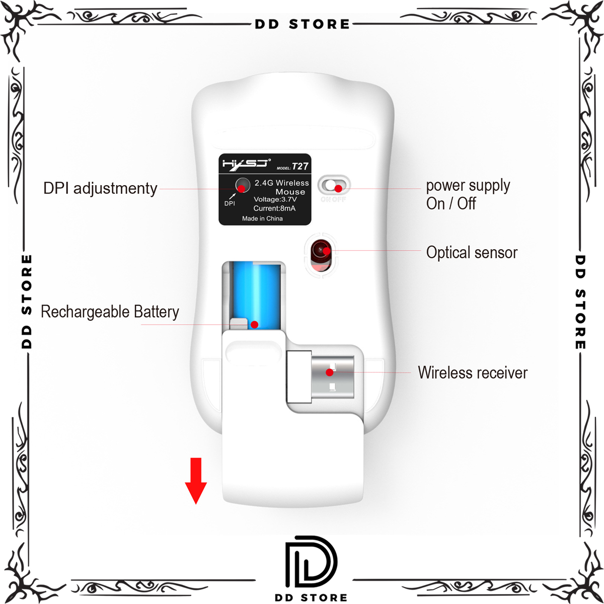 Chuột văn phòng không dây KBM 115-T27 Pin sạc tiện lợi, kết nối USB 2.4G, độ phân giải 1600 DPI - Hàng Chính Hãng