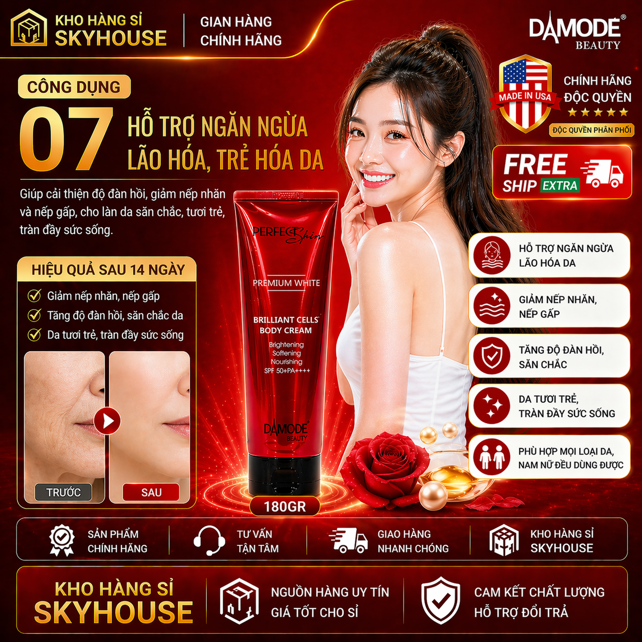 Kem body trắng da BRILLIANT CELLS DAMODE chai 180gr kem body dưỡng ẩm đều màu da chính hãng