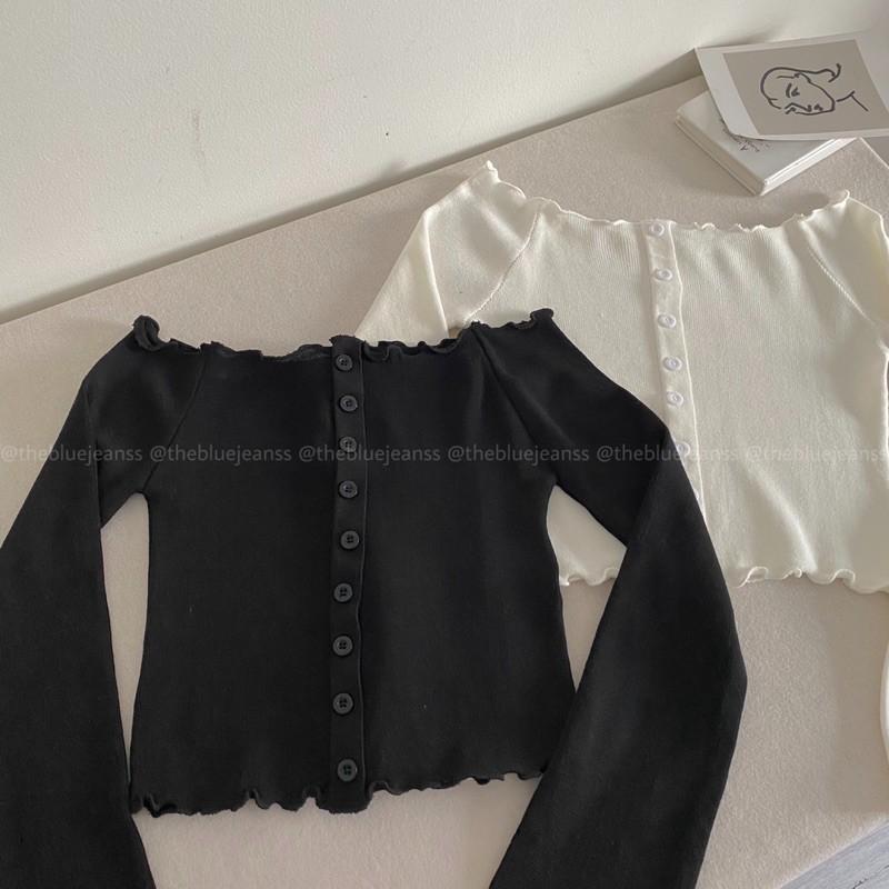 Áo Crop Top Tay Dài Có Nút Áo, Trễ Vai - Trắng Và Đen