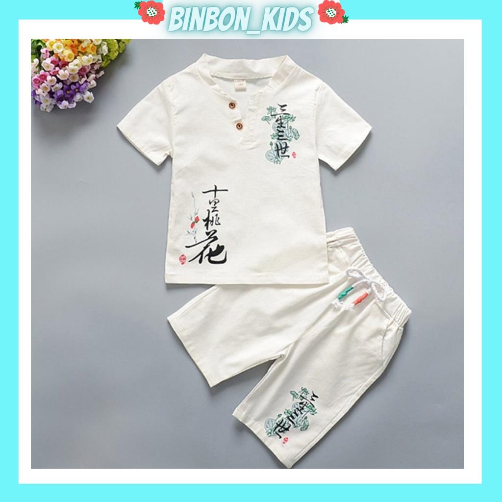 Bộ cộc cho bé trai BINBON KIDS, quần áo bé trai chất đũi cực mát in hình cây sen cho bé từ 6-27kg