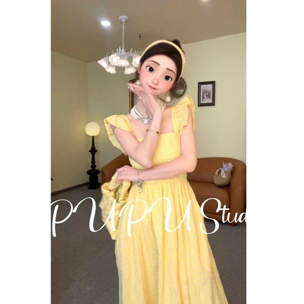 CHENGRUI 2023 Mùa hè Pháp Vintage kiểm tra Flying Sleeve Sling Dress Pleated thắt lưng hiển thị gầy Square Neck Dress cho phụ nữ
