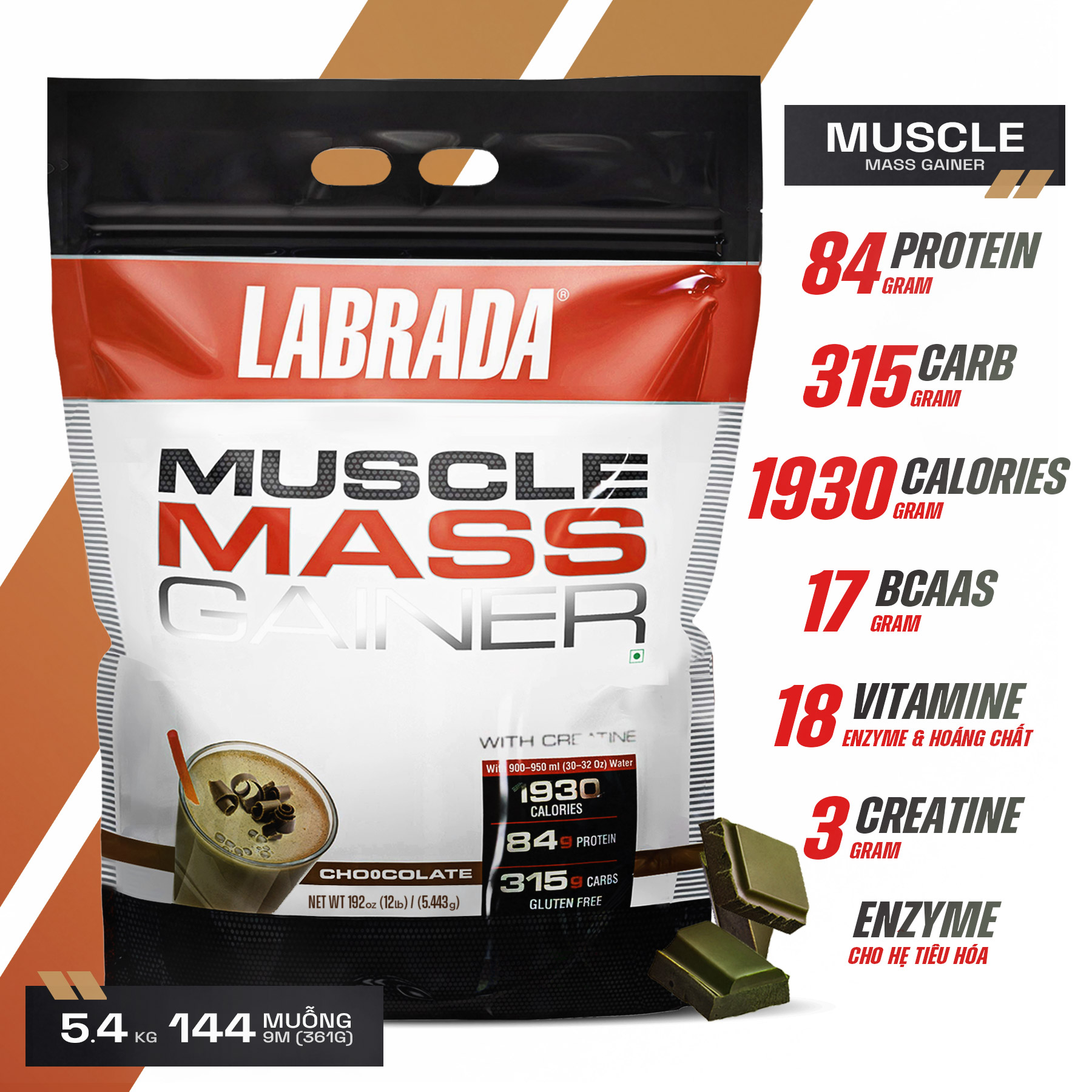 Sữa Tăng cân &amp; Tăng cơ - Muscle Mass Gainer từ Labrada - Cung cấp Calories, Protein, BCAAs &amp; 20 Loại Vitamin Khoáng chất - Hỗ trợ tăng cân tăng cơ nhanh cho người gầy kén ăn, khó hấp thụ thức ăn tự nhiên