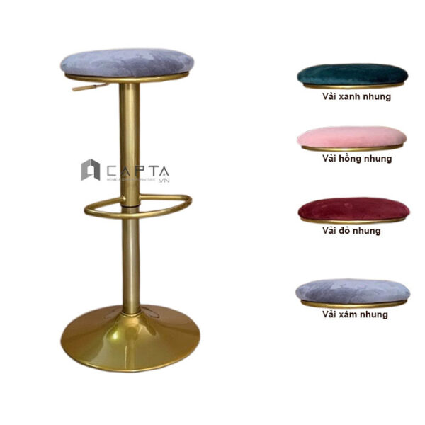 Ghế quầy bar không tựa CB2263 B-F Nội thất Capta Ghế bar không tựa nệm vải nhung chân thép sơn vàng gold