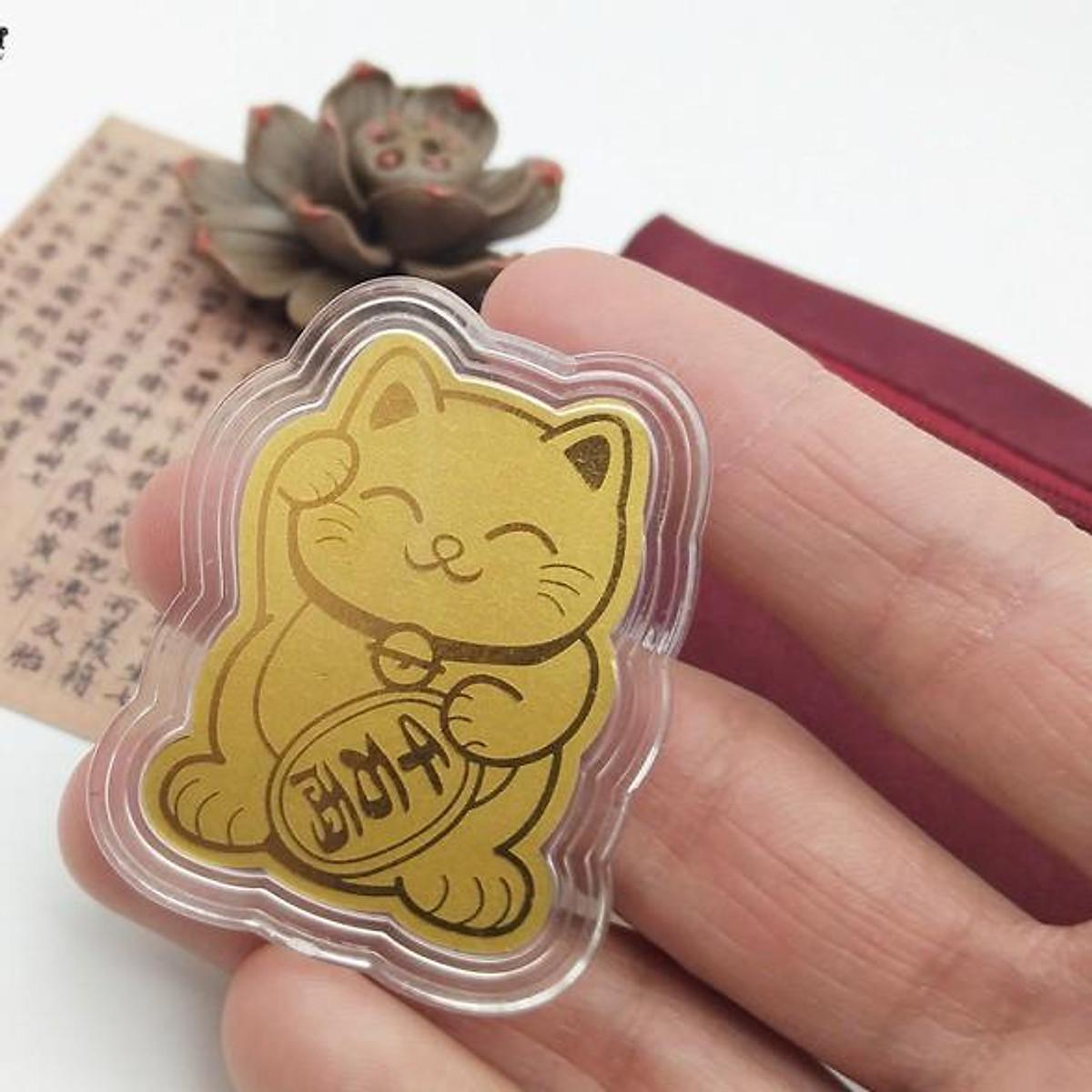 LÁ VÀNG MÈO CHIÊU TÀI HÚT LỘC 9999 KÈM TÚI