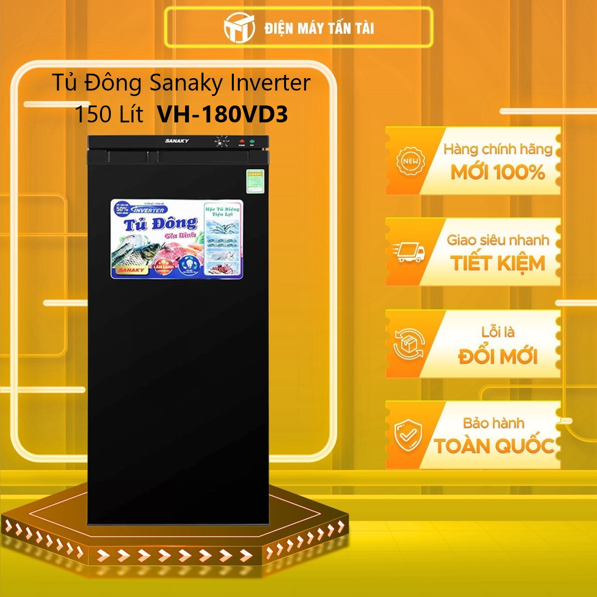 TỦ ĐÔNG ĐỨNG INVERTER SANAKY 180/150 LÍT VH-180VD3 NHÔM (R600A) (5 HỘC) (HÀNG CHÍNH HÃNG) (CHỈ GIAO HCM)