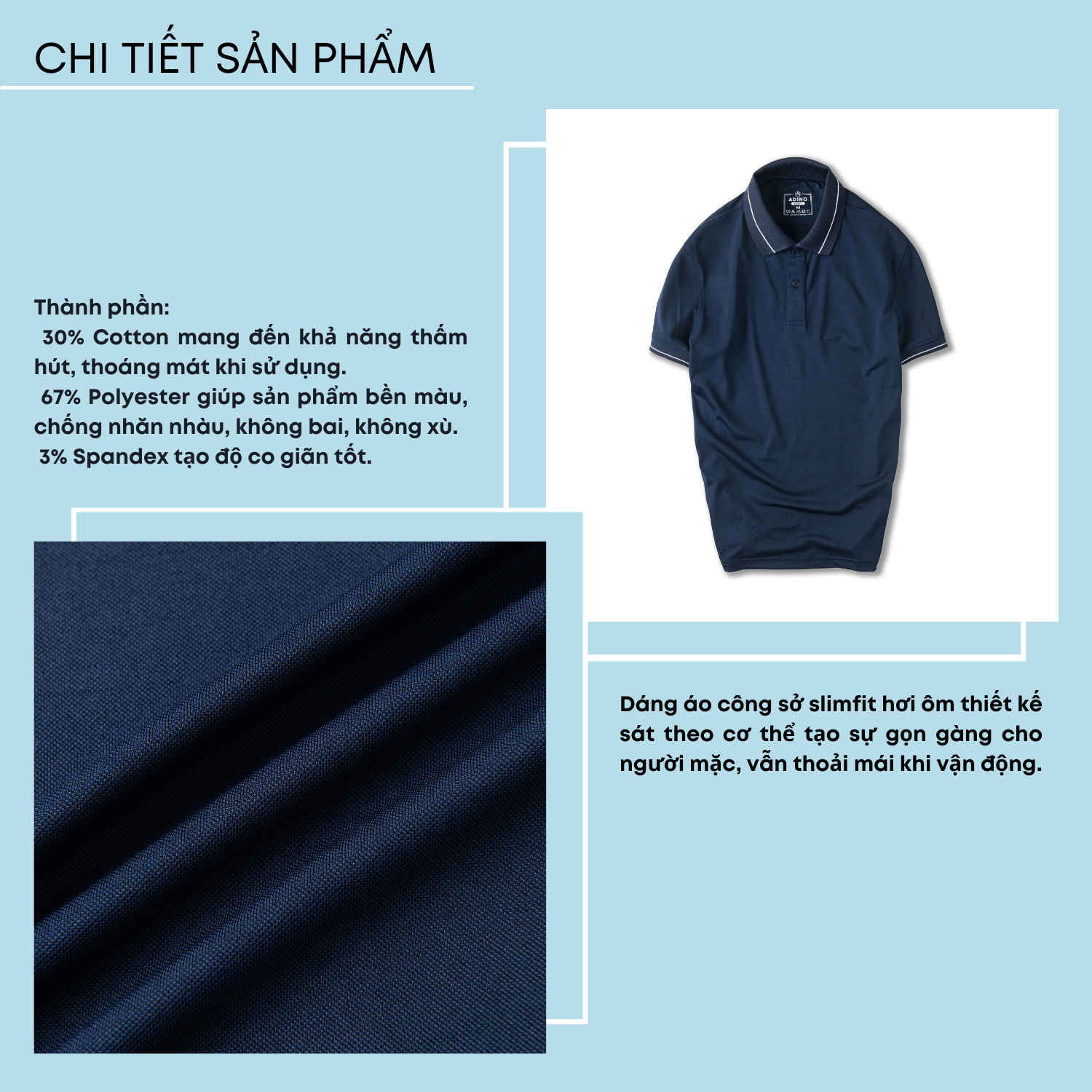 Áo thun có cổ nam màu xanh đen phối viền ADINO vải polyester cotton mềm mịn dáng slimfit công sở trẻ trung AP95