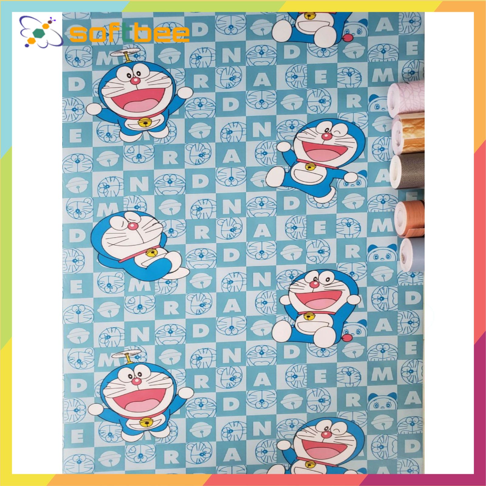Giấy dán tường có sẵn keo, in hình doremon xanh, kích thước 0.45m x 10m / cuộn