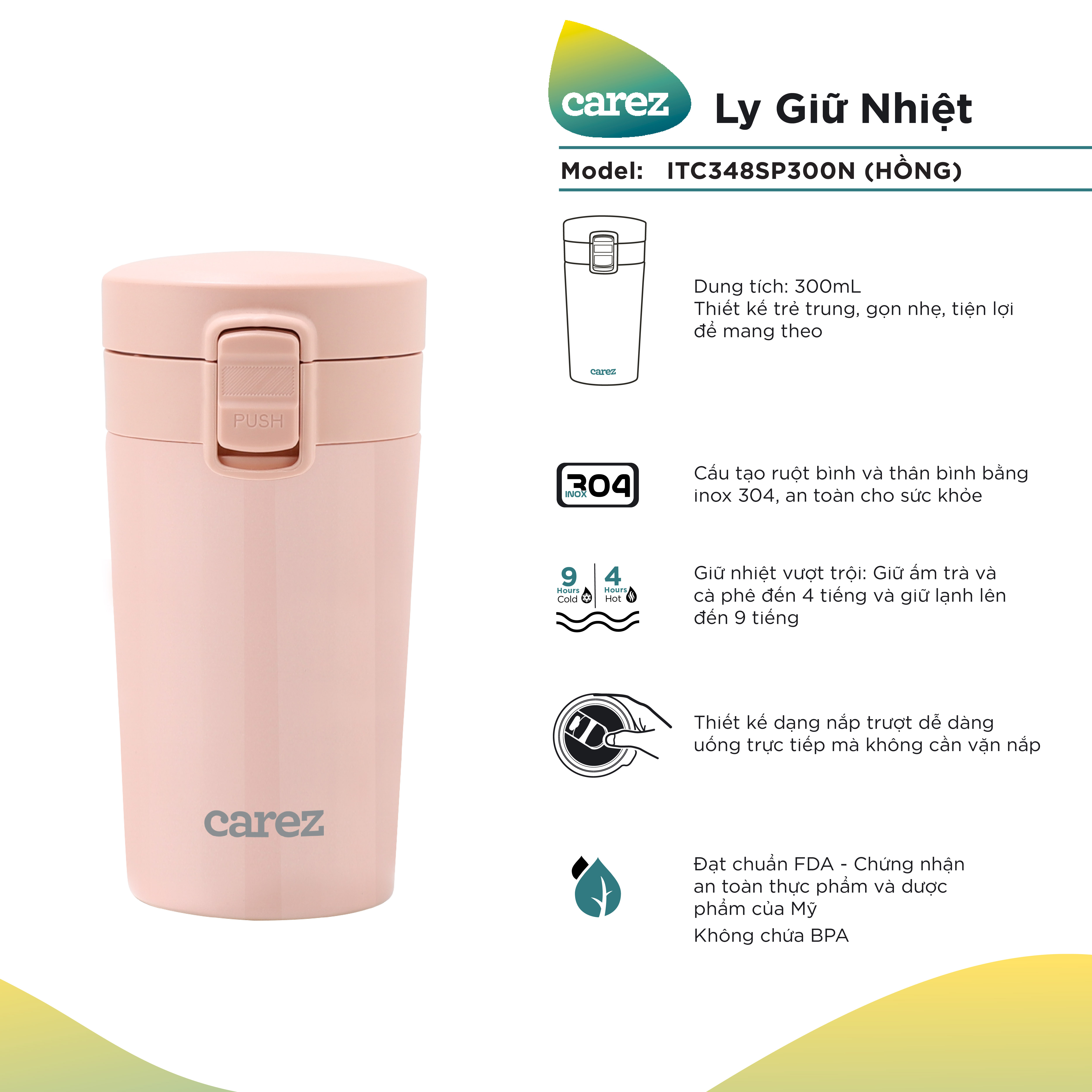 Ly Giữ Nhiệt Carez ITC348SP300N - HỒNG - 300ml, Inox 304, Không chứa BPA - Giữ nóng đến 8 tiếng, giữ lạnh đến 12 tiếng - Hàng chính hãng