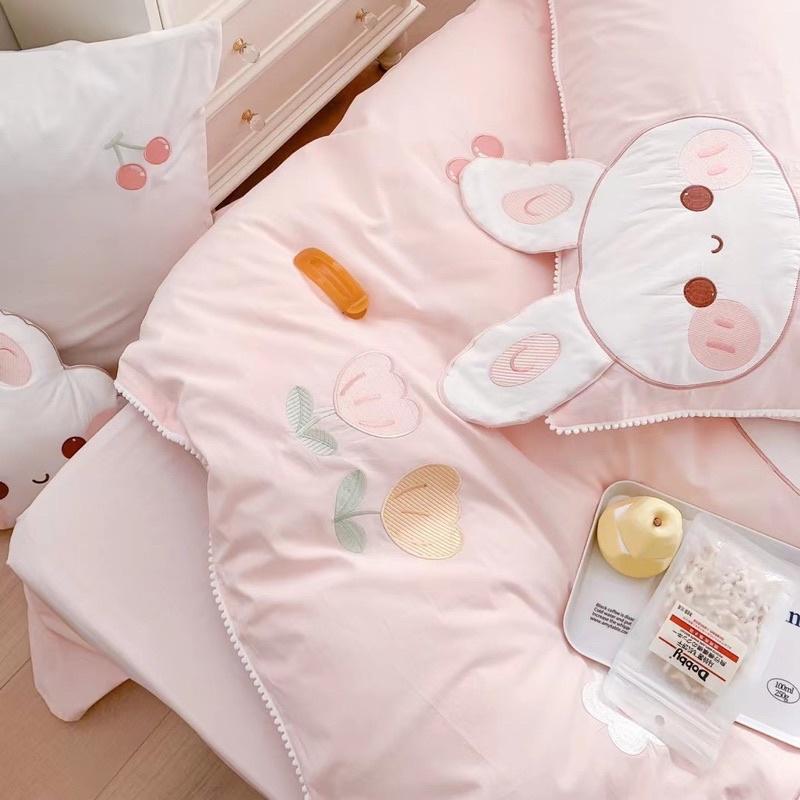 Bộ Chăn Ga Gối Côtton Linen Disney Hàng Nhập Khẩu Cao Cấp 5 Món Mẫu Thỏ hồng