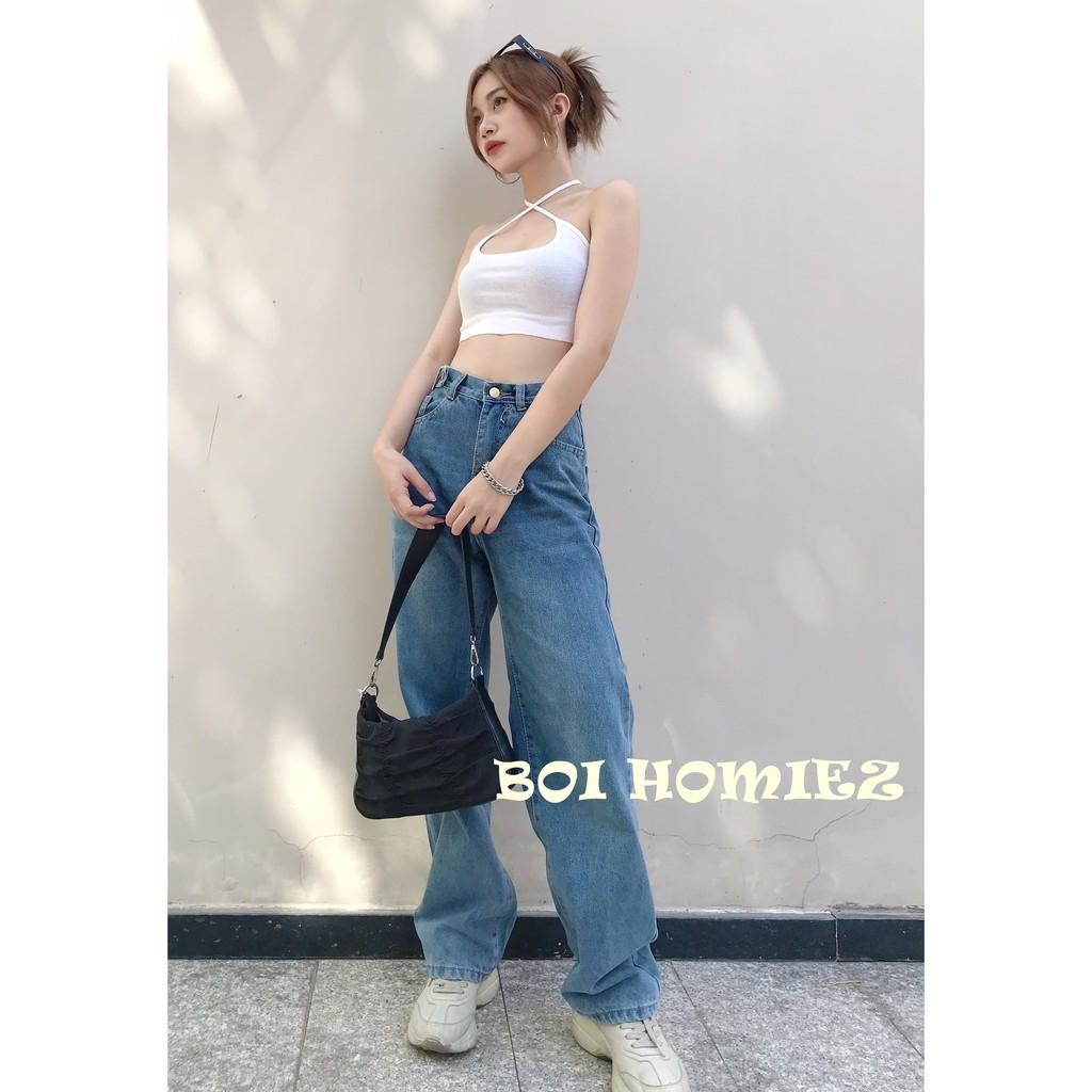 Quần Jeans nữ ống rộng Simple Jeans lưng cao dáng suông cao cấp, unisex ( MÀU ĐẬM )