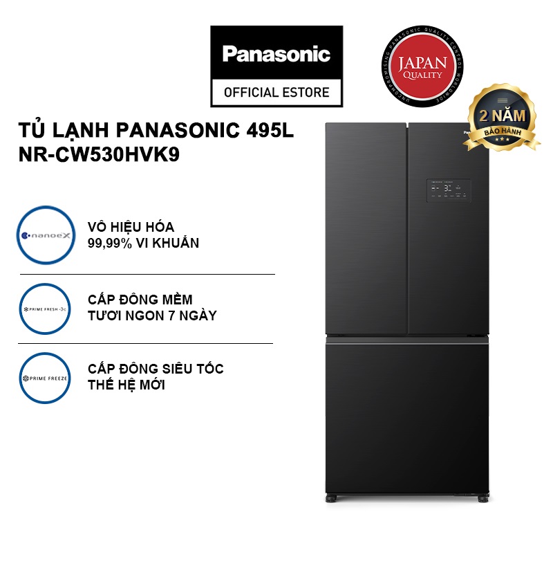 [Chỉ giao hàng miền Bắc] Tủ lạnh Panasonic Vô Hiệu Hóa Vi Khuẩn 495L NR-CW530HVK9 3 Cánh - Cấp Đông Mềm - Cấp đông Siêu Tốc - Ngăn Đá Dưới - Hàng chính hãng