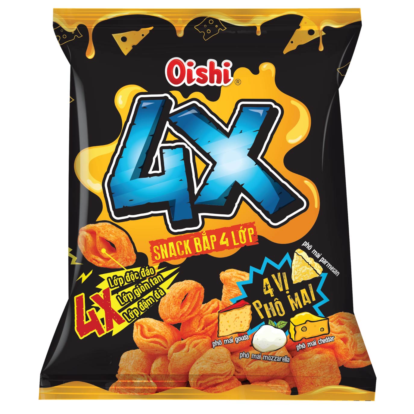 Oishi Combo1 - 6 gói snack 40g (Snack Cua Sốt Chua Ngọt, Snack 4X Vị Phô Mai, Snack Hành, Snack Cà Chua, Snack Bí Đỏ, Snack Phồng Mực)