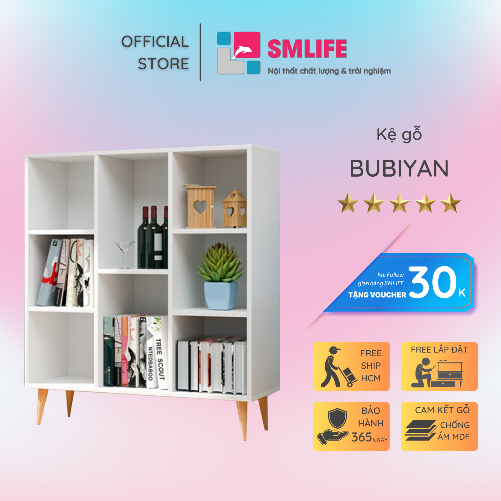 Kệ sách gia đình từ gỗ công nghiệp cao cấp SMLIFE Bubiyan