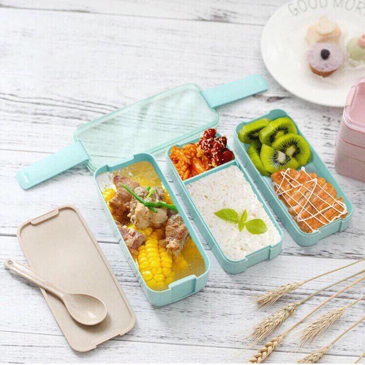 Hộp Cơm Văn Phòng Giữ Nhiệt Kèm Muỗng Tiện Dụng - Hộp Cơm Lúa Mạch Lunch Box 3 Tầng 900ml