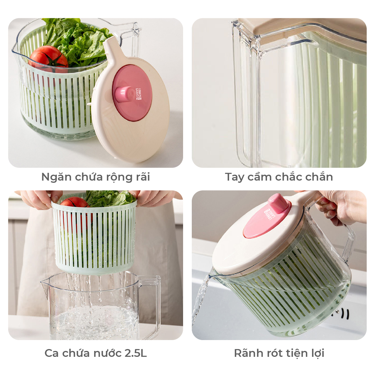 Rổ quay rau Lebenlang RR01, rổ quay rau củ quả 2.5L, rổ rửa rau đa năng nhựa pp cao cấp - hàng chính hãng