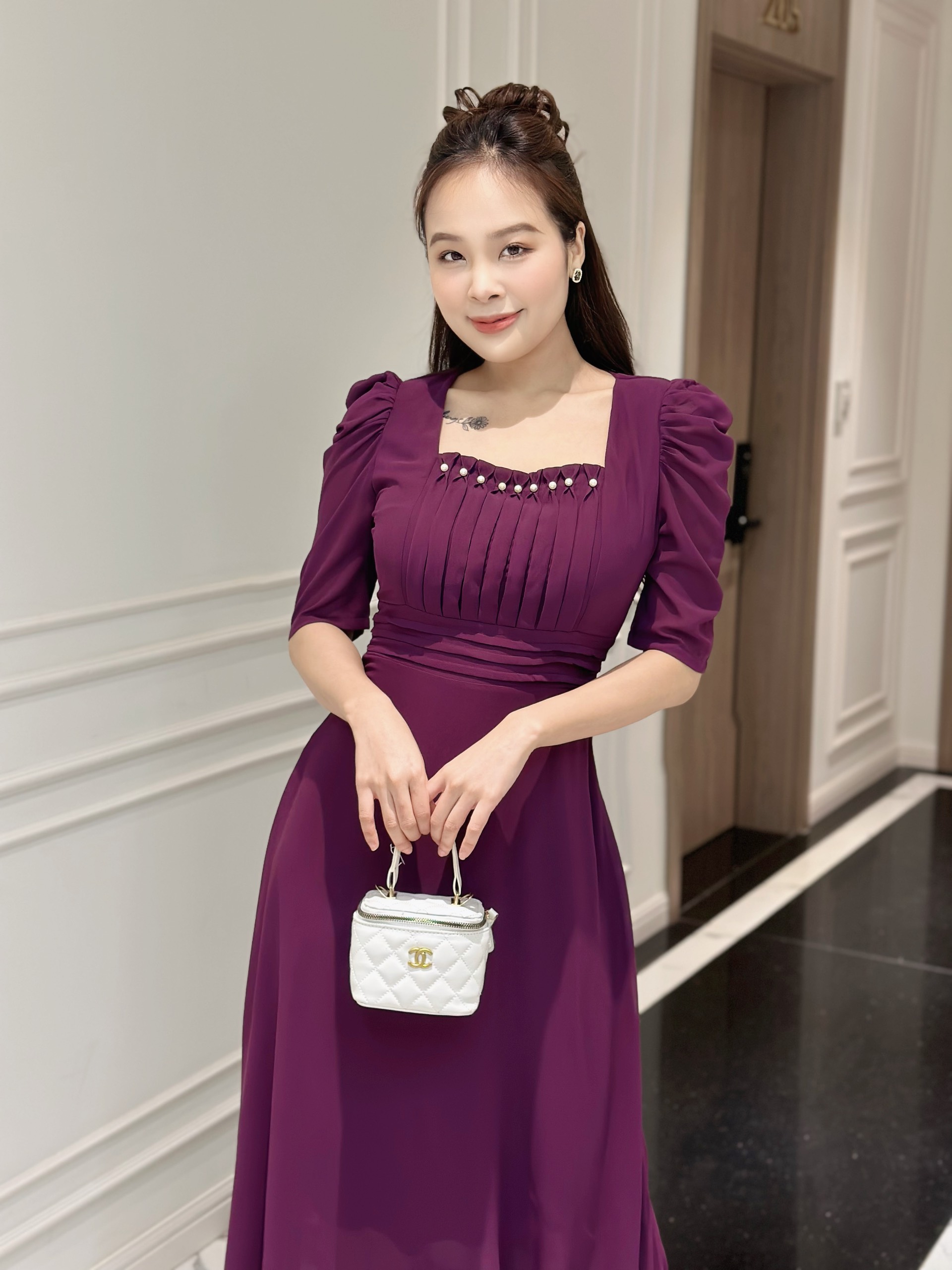 Đầm Xòe Trung Niên chất Chiffon Cổ Vuông Dáng Dài - Chất mịn, mát, co giãn nhẹ - Size M,L,XL,2X,3XL - Màu xanh, tím than, cam đất