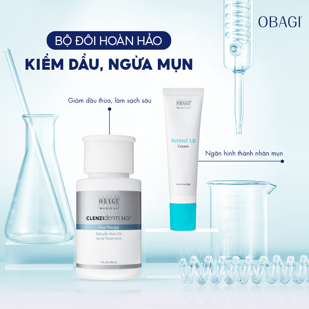 Combo Sản phẩm hỗ trợ giảm mụn, thâm nám Obagi Clenziderm Pore 2% BHA 148ml + Obagi Retinol 1.0 (28g)(Hàng xách tay)