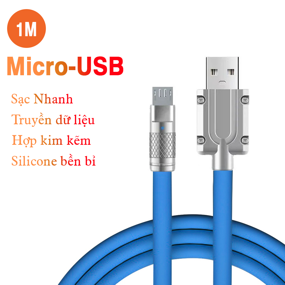 Cáp sạc nhanh 120w cá mập bọc thép USB ra MICRO USB dây silicon dài 1m - hàng chính hãng