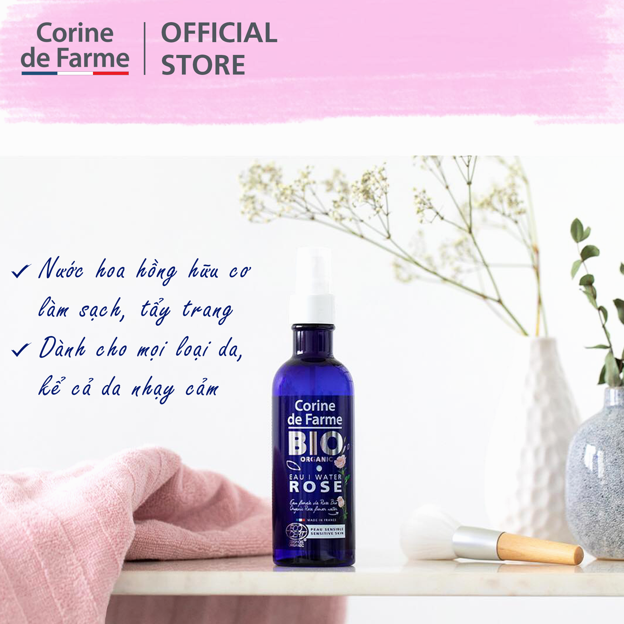 Nước Hoa Hồng Hữu Cơ Cho Da Nhạy Cảm Corine De Farme Bio Organic Rose Water 200ml