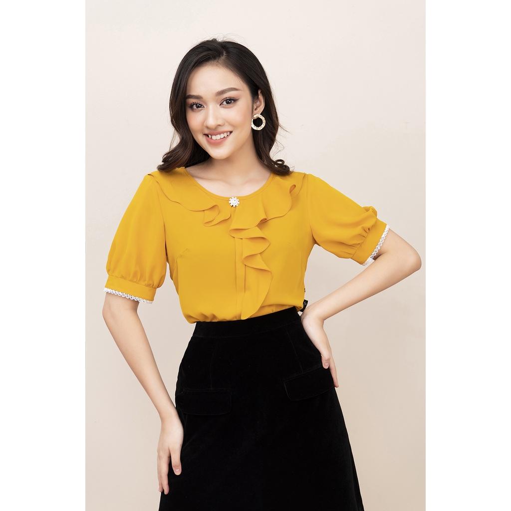 Áo Sơ Mi Nữ Cổ Bèo Nhún Tay Bồng LUPERI LFSM1171 chất liệu lụa lạnh Hàn mềm mát mịn không nhăn dáng xuông dài vừa