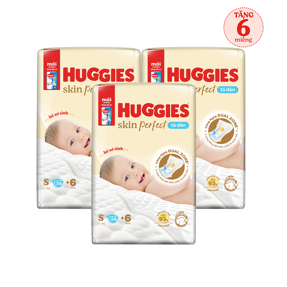Combo 3 gói Tã/bỉm dán sơ sinh Huggies Skin Perfect S 54+4 miếng với 2 vùng thấm giảm kích ứng da