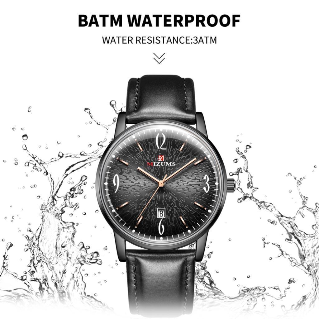 Waterproof Watch Leather Strap Mens Wrist Watch Black