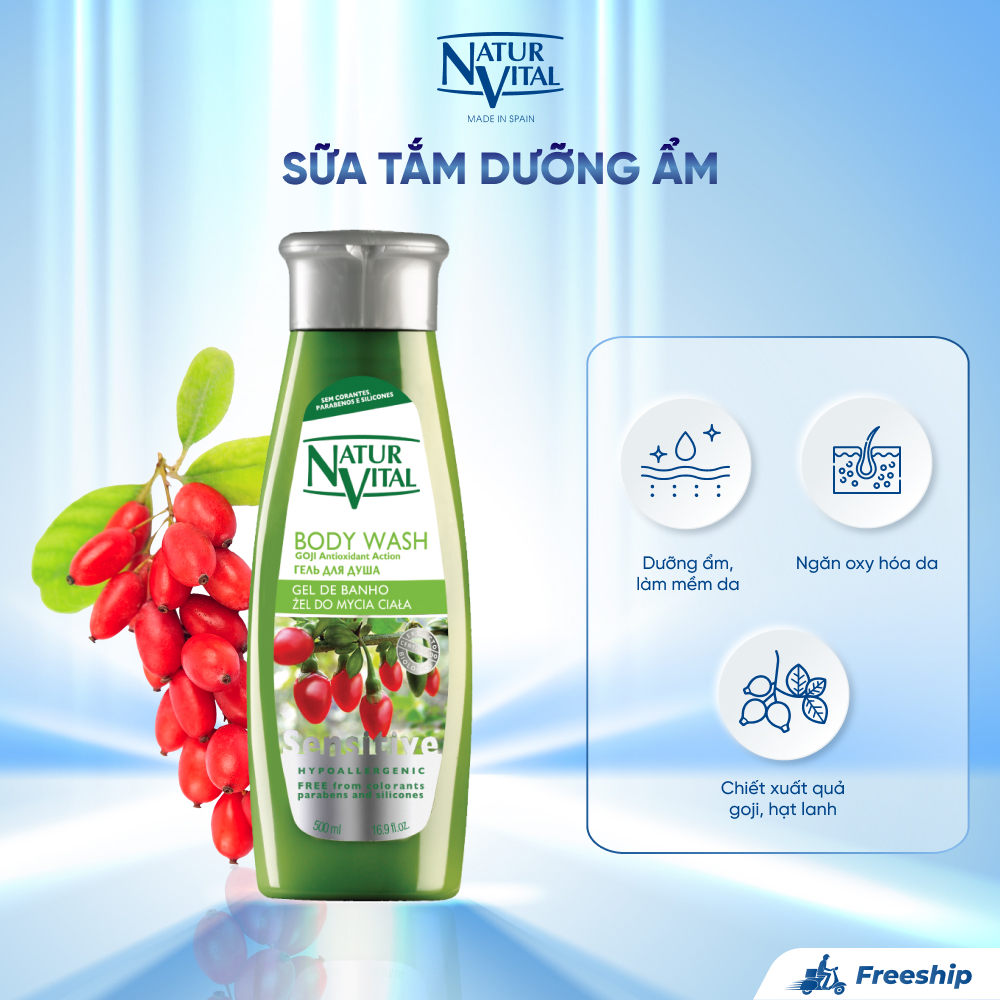 Sữa Tắm Dưỡng Ẩm NaturVital Sensitive Shower Gel Chiết Xuất Goji & Hạt Lanh Phù Hợp Cho Da Nhạy Cảm, Giúp Bảo Vệ, Cân Bằng Độ Ẩm Tự Nhiên