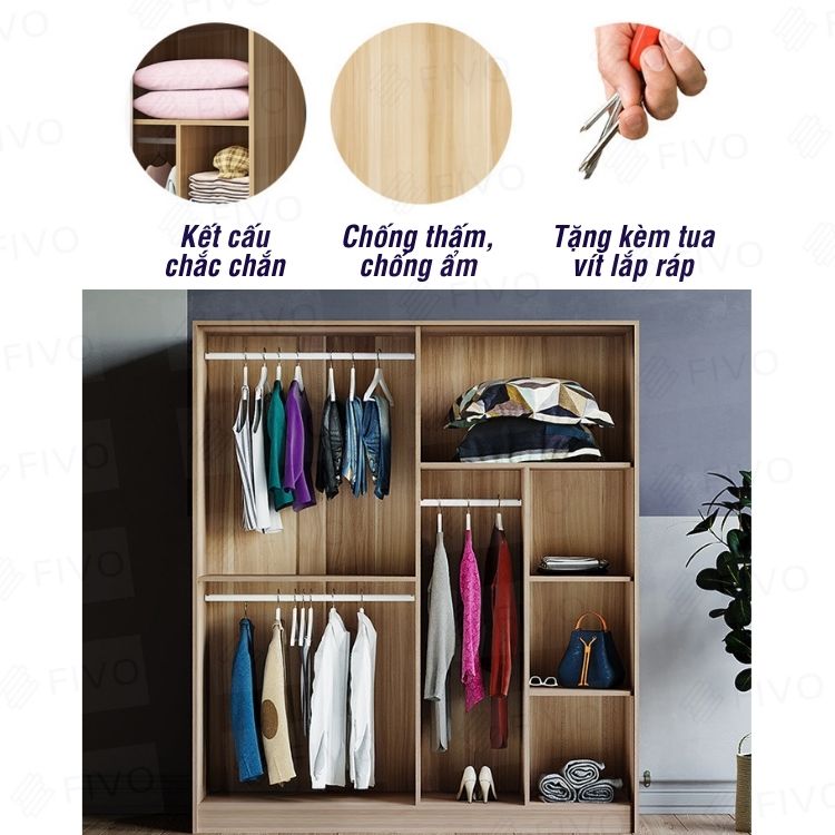 Tủ Quần Áo Gỗ MDF Lõi Xanh Chống Ẩm Dày 17mm FIVO FC01 Cửa Mở 4 Cánh Thiết Kế Nhiều Ngăn Ngang 1m6 Trả Góp 0% - Chính Hãng