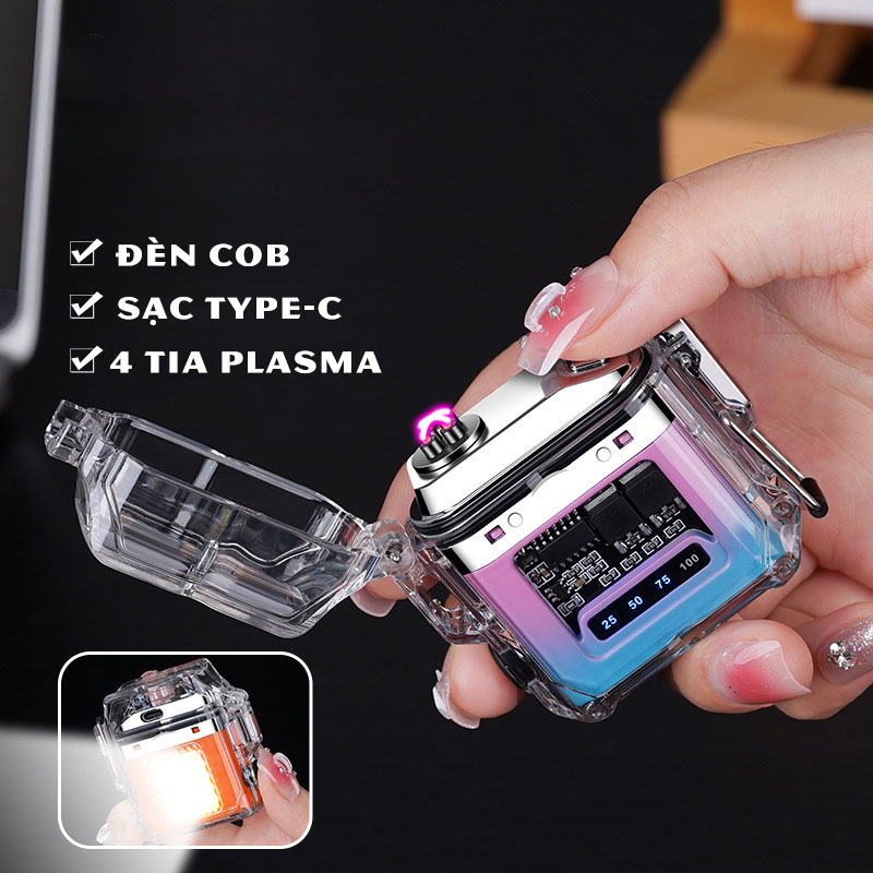 Hột quẹt điện chống nước 4 tia plasma tích hợp đèn pin sạc cổng quốc dân Type-C