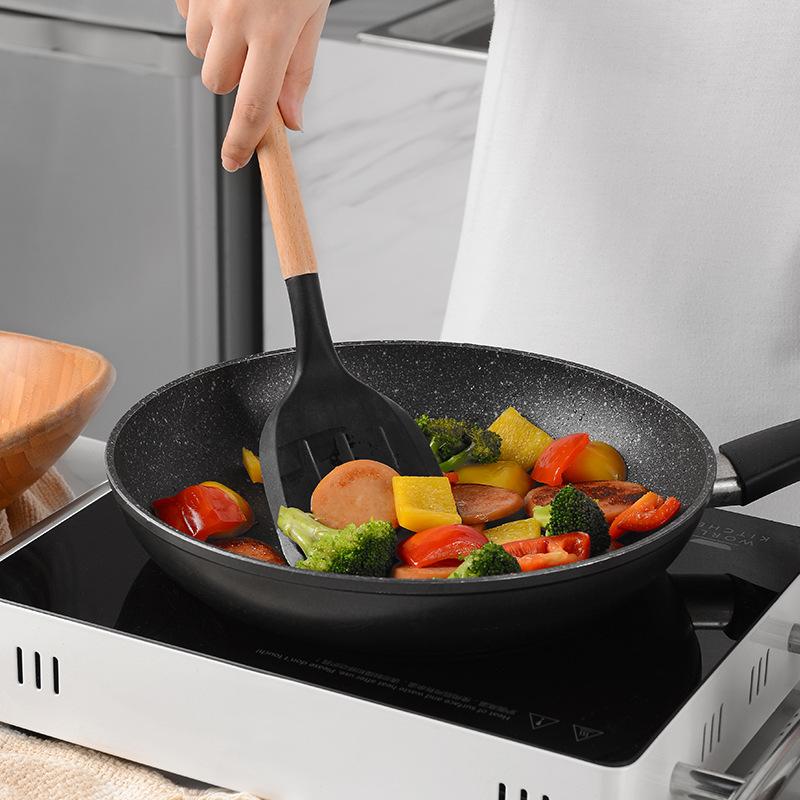 Nấu Ăn Nhà Bếp Tiện Dụng Bộ Chịu Nhiệt Độ Cao Không Dính Ốp Nồi Dụng Cụ Với Tay Cầm Bằng Gỗ Màu Trắng Sữa & Đen