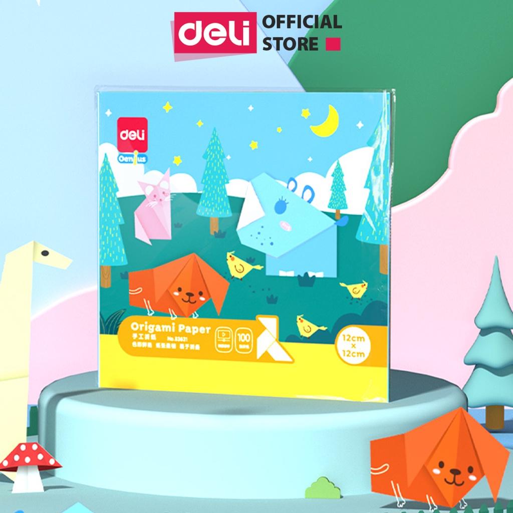 Giấy thủ công 100 tờ học sinh nhiều kích cỡ Deli - Có khổ A4 , giấy gấp origami , giấy gấp hạc hoa động vật - 83631 / 83632 / 83633 / 83634