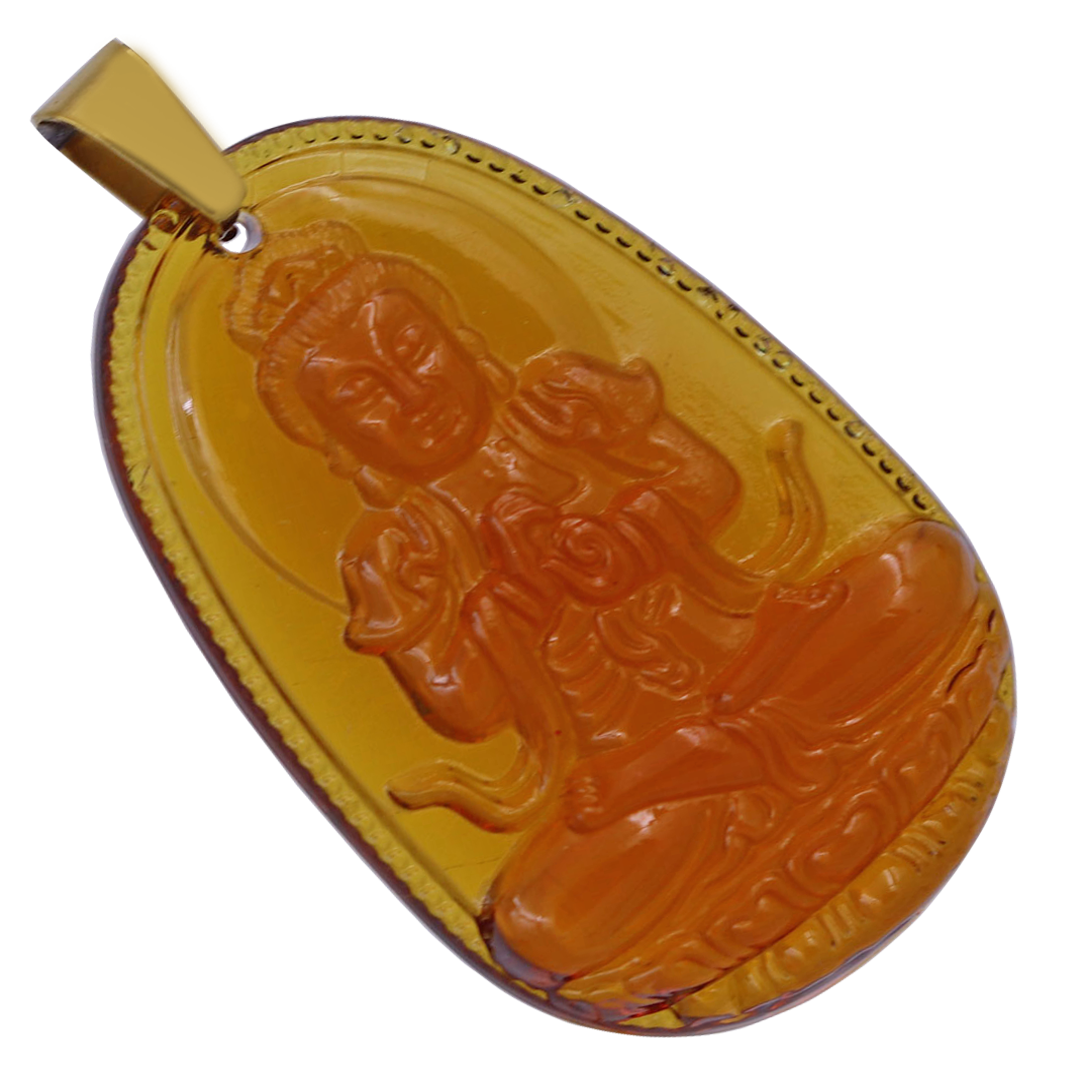 Mặt Phật Đại nhật như lai 5 cm  pha lê trà kèm móc và dây chuyền inox vàng, Mặt Phật bản mệnh