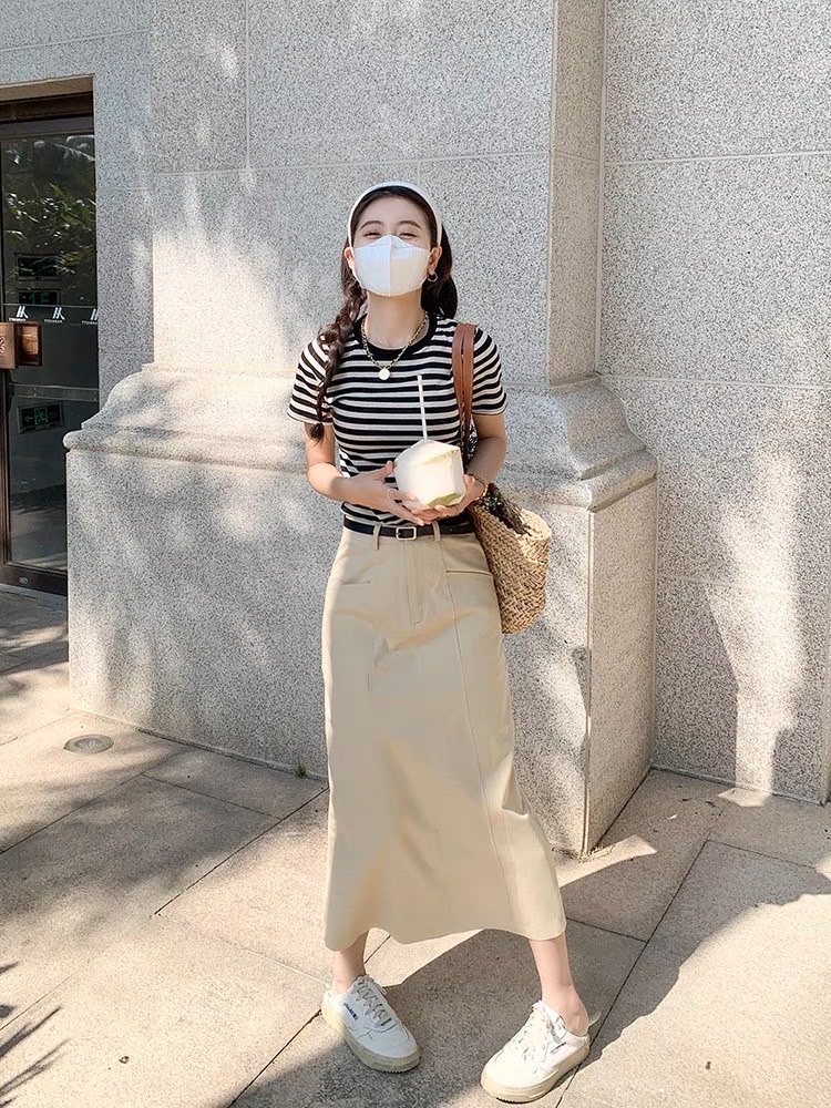 SET CHÂN VÁY MIDI DÀI SUÔNG TRƠN LƯNG CAO + ÁO THUN CROPTOP KẺ SỌC DẠO PHỐ ĐI LÀM ĐI HỌC ĐI BIỂN ĐI CHƠI