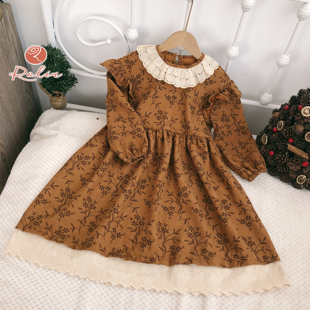 Váy nhung hoa nhí ROLIA chất nhung in hoa mặc tết cho bé gái từ 9-42kg - V48