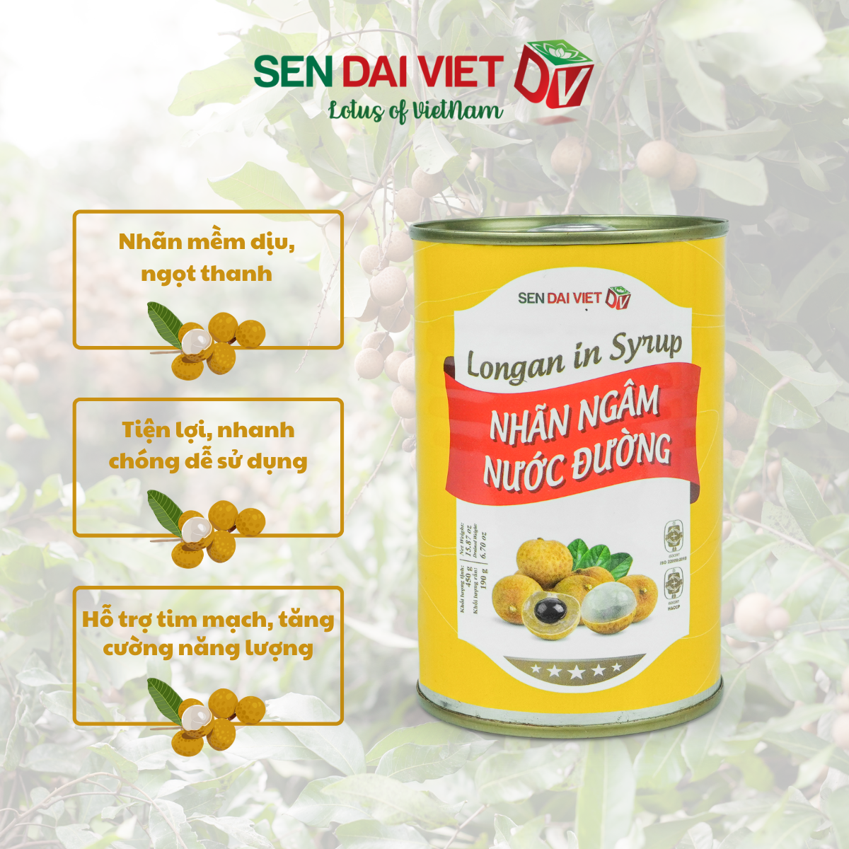 [6 Lon] Nhãn Ngâm Nước Đường- Vị Ngọt Tự Nhiên, Trái To, Thịt Giòn, Nguyên Liệu Pha Chế, ĐV- Sen Đại Việt- 450g