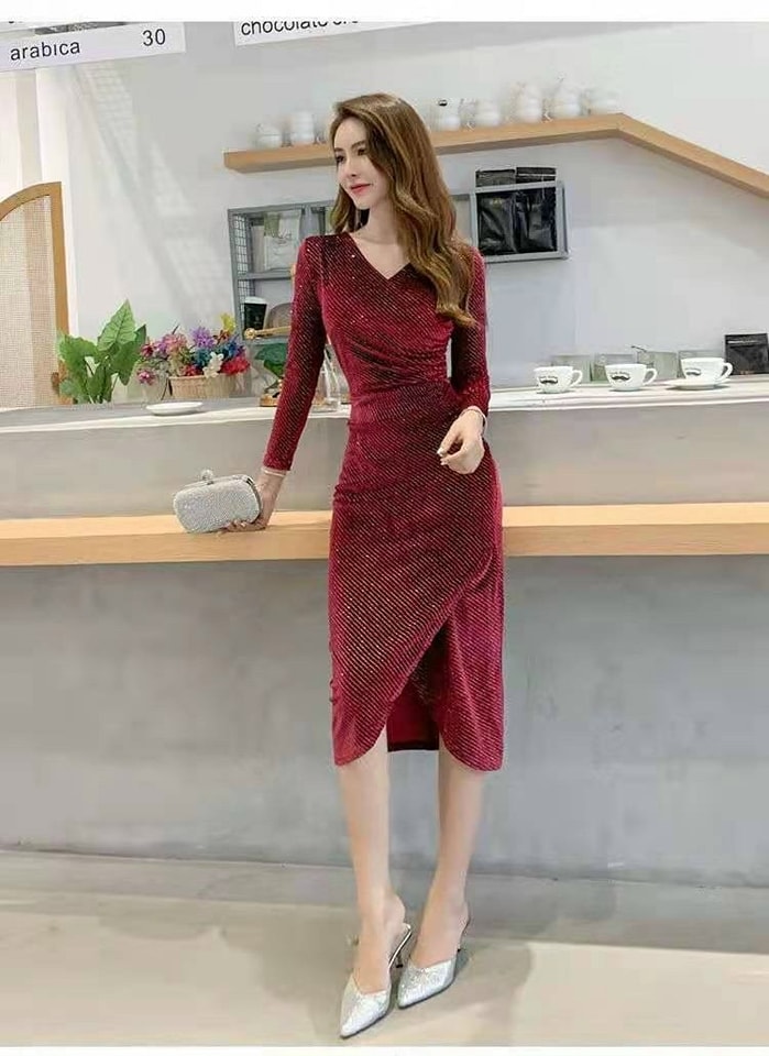 ĐẦM BODY NHUNG KIM SA CỔ ĐẮP CHÉO CAO CẤP