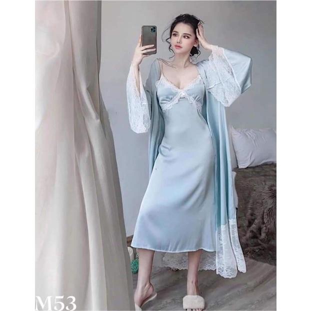 Set áo choàng + váy ngủ lụa dáng dài quá gối sang trọng tặng kèm chip ren gợi cảm