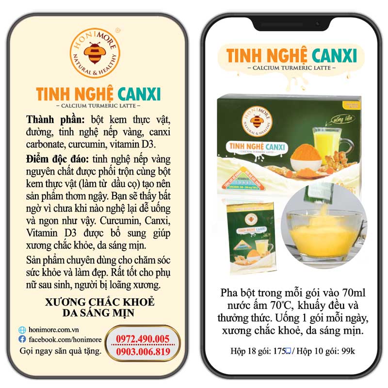 Tinh Nghệ Canxi Honimore (160g) 3 trong 1 - 10 gói Thơm ngon, dễ uống