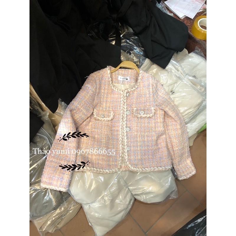 Áo khoác dạ tweed hồng khuy hoa hàng qc