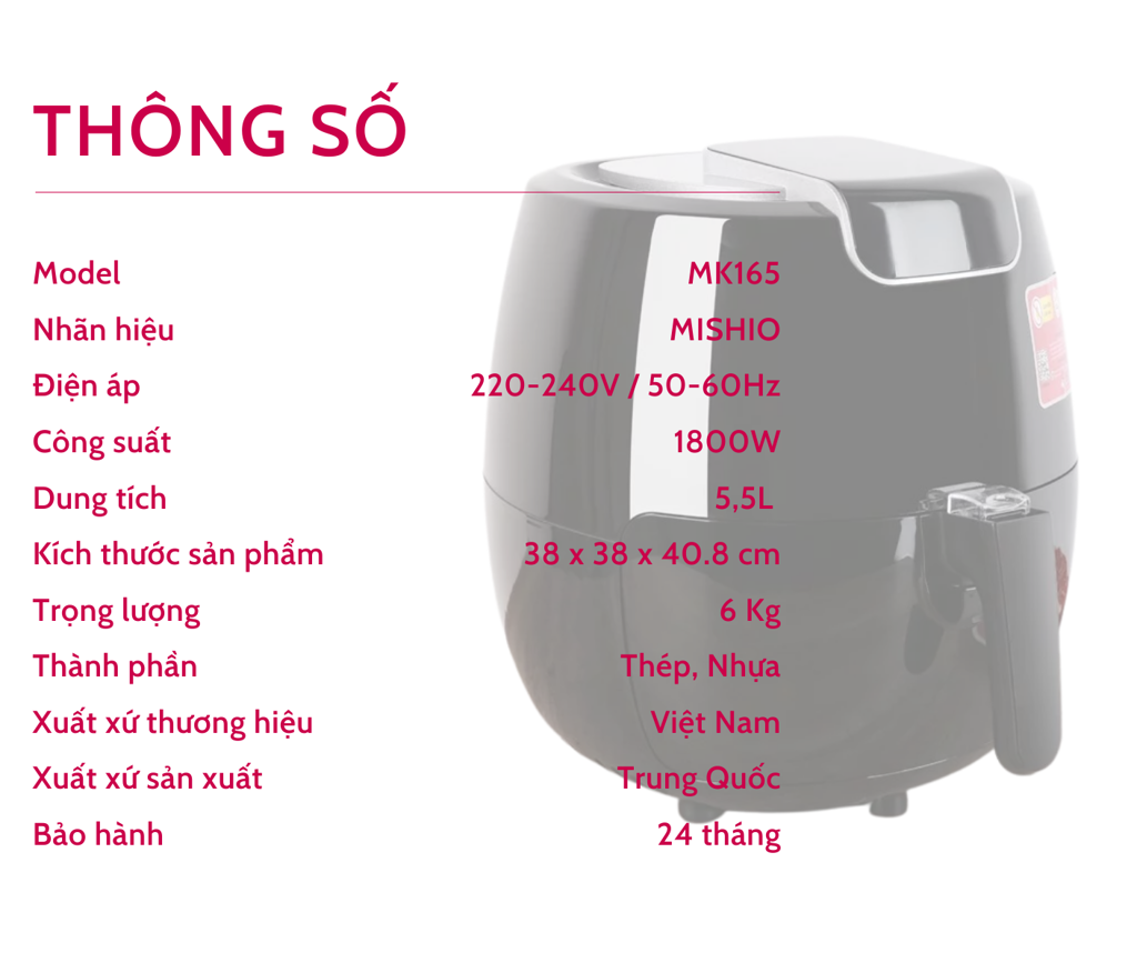 Nồi chiên không dầu điện tử Mishio MK165 5.5L – Màu