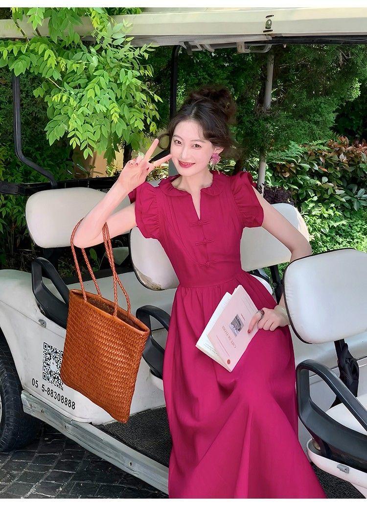SHUANGYAN Phong cách Pháp phục cổ màu đỏ Tiểu Phi tay áo đầm nữ mùa hè thu eo lộ ra gầy chữ A váy đầm khí chất cao cấp cảm giác váy dài