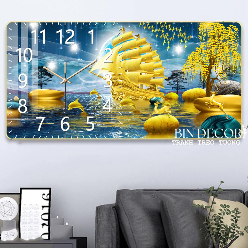 Tranh đồng hồ tráng gương thuận buồm xuôi gió 5 trang trí decor phòng khách tân gia