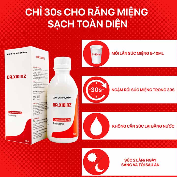 Nước súc miệng, sát trùng họng DR.XIDINZ với Chlorhexidine 0.12% (Chai 250 ml)