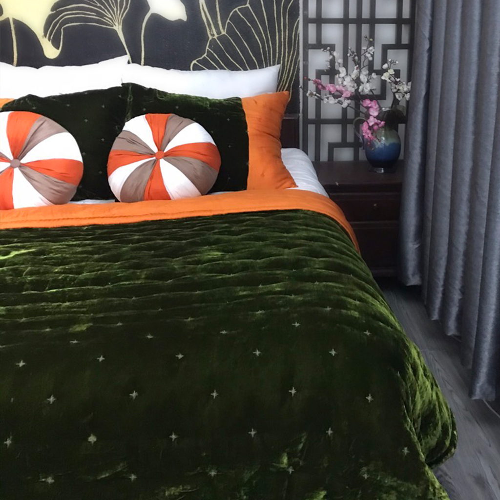 Chăn Nhung Lụa Chần Bông Điều Hòa Cao Cấp Dùng Bốn Mùa - Chăn Nhung Khâu Hoa Thị Màu Olive Drab I Silk Velvet Blanket.