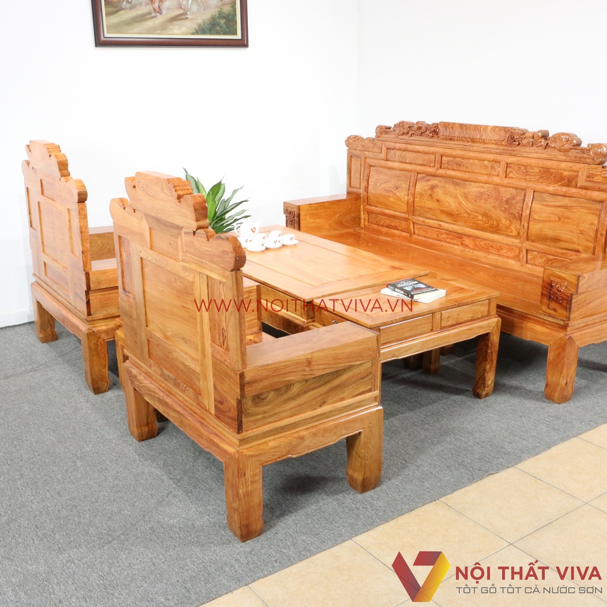 Bộ Bàn Ghế Salon Tần Thủy Hoàng Gỗ Hương Đá Chạm Rồng 6 Món Cao Cấp