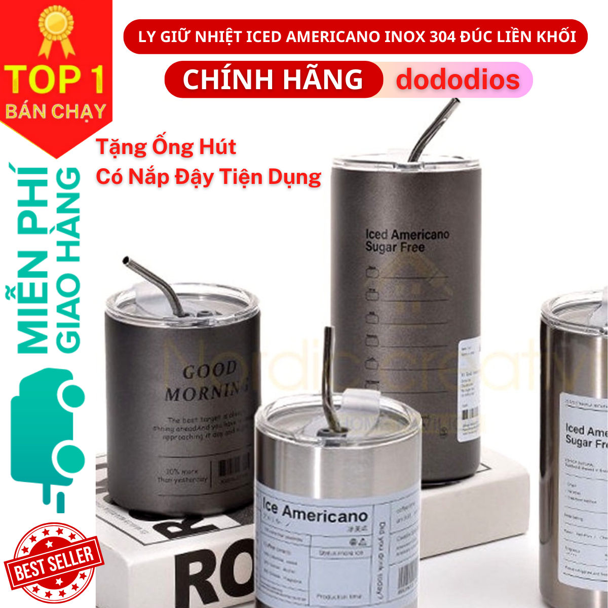 Cốc giữ nhiệt dododios phong cách Iced Americano đá lạnh thép không gỉ 304 có ống hút 600ml tiện lợi, Ly Giữ Nhiệt Iced Americano Inox 304 Đúc Liền Khối Cao Cấp Có Nắp Đậy Và Ống Hút Inox - Hàng chính hãng dododios