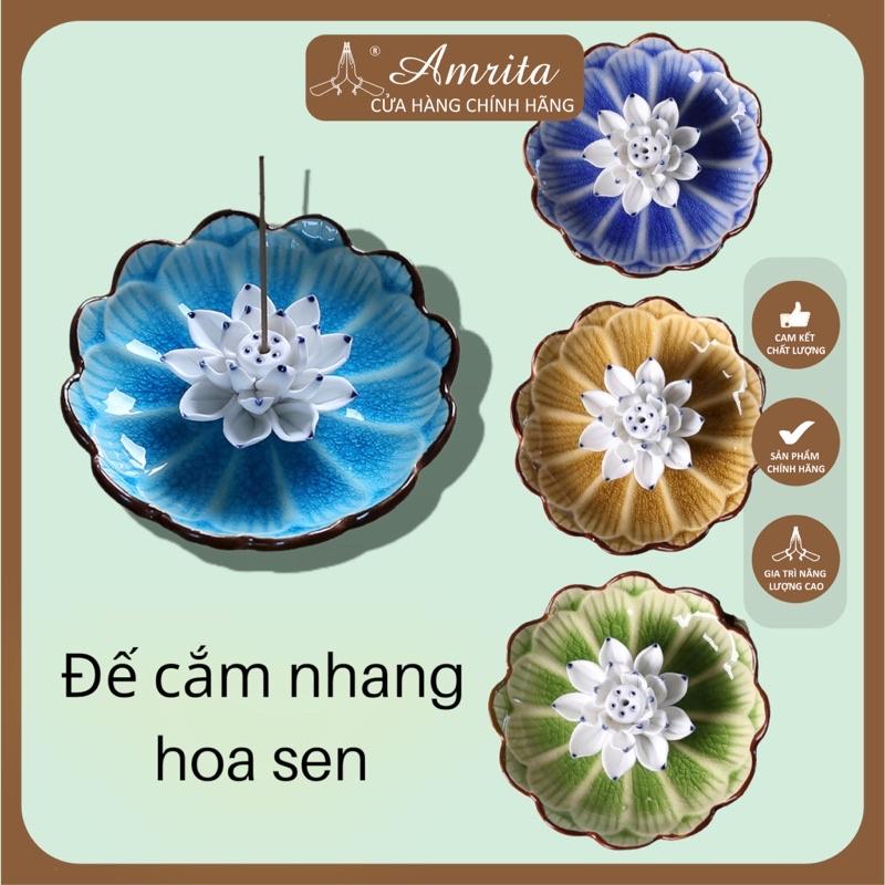 Đế cắm nhang hình bông hoa sen kèm lá sen gốm sứ cao cấp - chân đế cắm nhang - chân đế trầm hương - Amrita