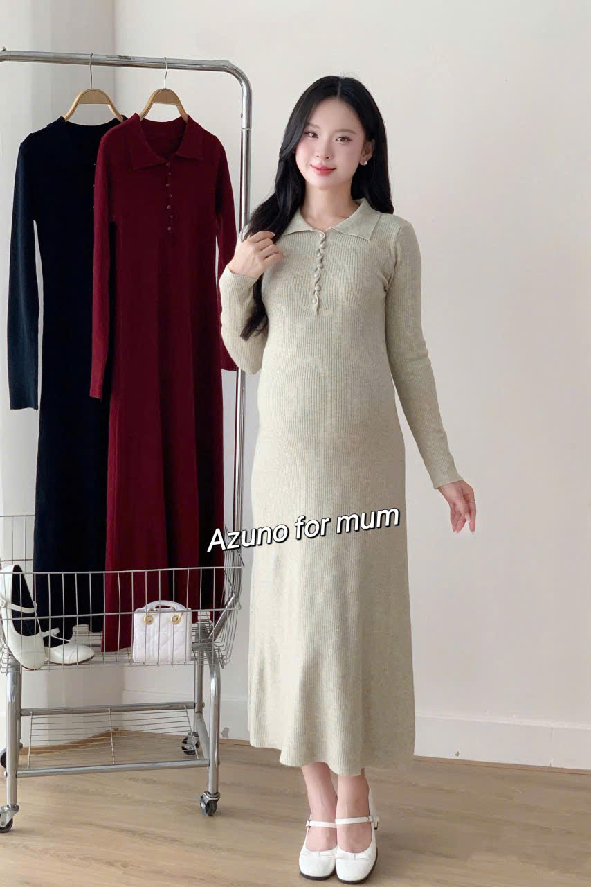 Váy Bầu Len, Đầm Len Bầu Cổ Đức Dáng Body Dài