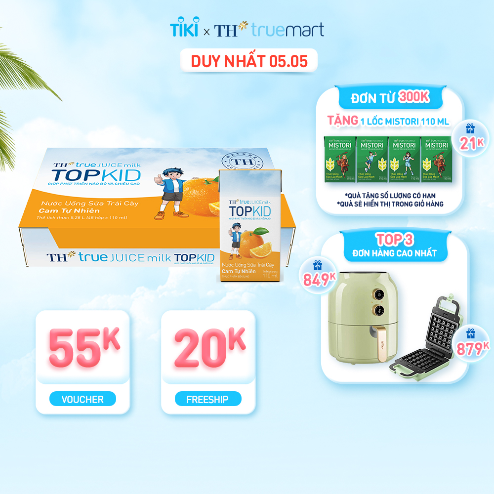 Thùng 48 hộp nước uống sữa trái cây TOPKID hương cam tự nhiên 110 ml (110 ml x 48)