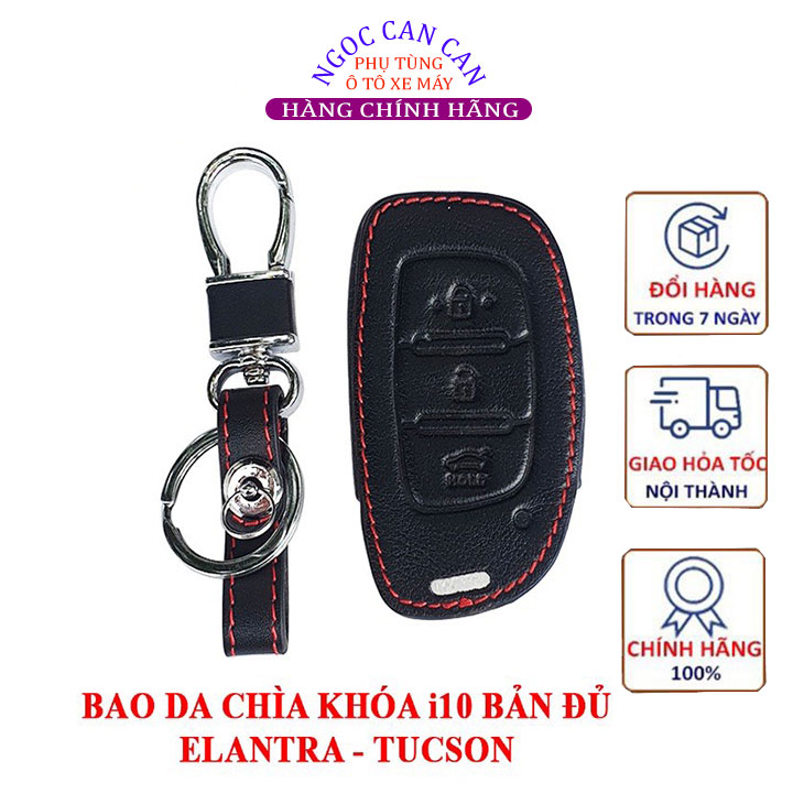 Bao da chìa khóa Hyundai i10 bản đủ, Elantra, Tucson màu đen chỉ đỏ tặng kèm móc